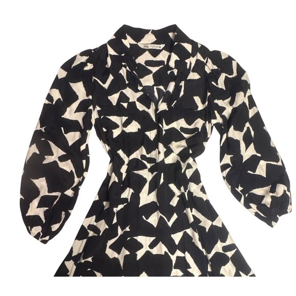 Zara Midi Dress Black & Cream Abstract Print Viscose Button Front Long Sleeve S - Picture 4 of 12